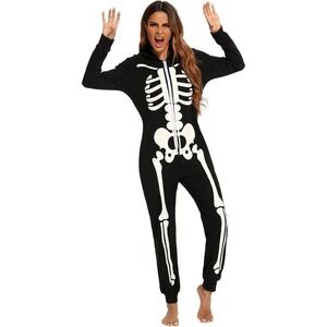 Veseacky Glow in the Dark Skeleton Jumpsuit Onesie Black Hooded Costume XL